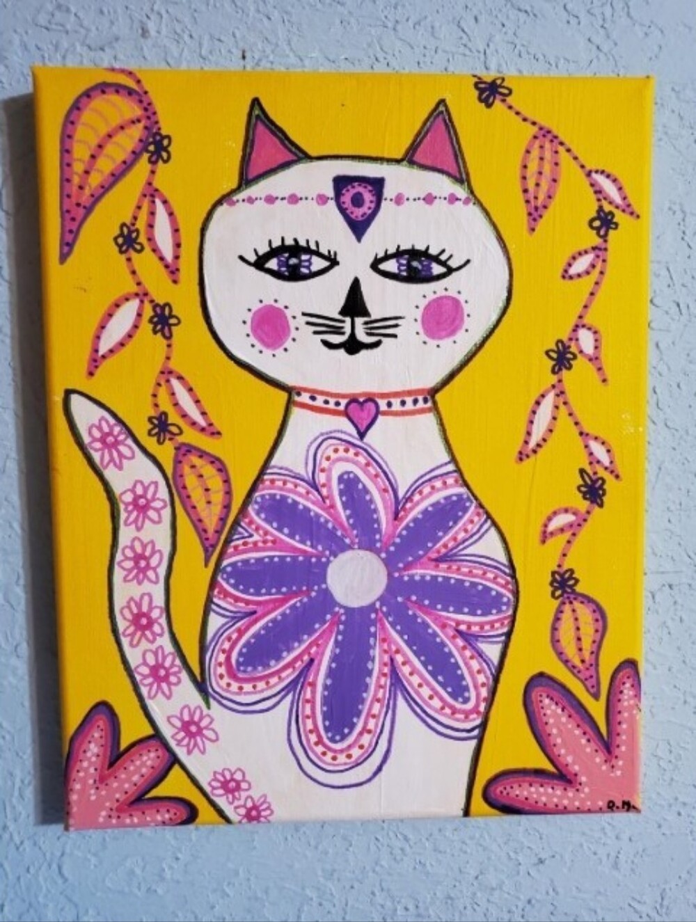 Original Folk Cat Art Painting Hand Made Artwork‎ Small Art Home Decor Gift Idea